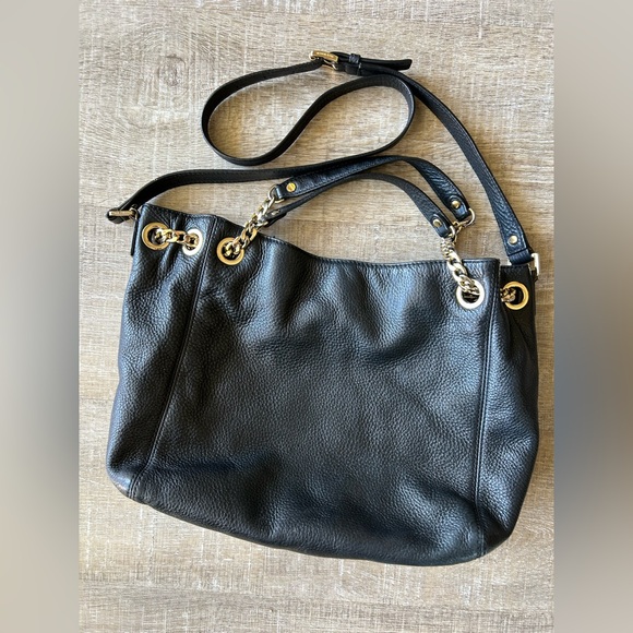 Michael Kors Black Pebbled Genuine Leather Purse Gold Chain Mature Designer EUC - Picture 2 of 16